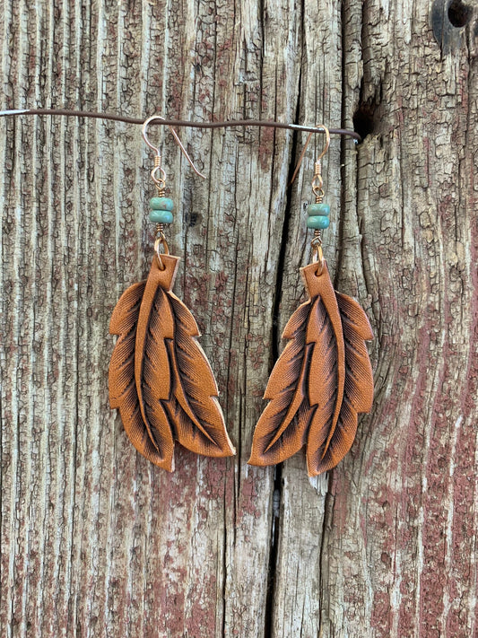 15785 Leather Double Feather & Turquoise Earring