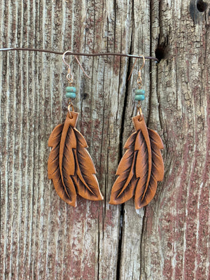15785 Leather Double Feather & Turquoise Earring 15785 Leather Double Feather & Turquoise Earring