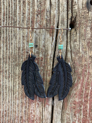 15785 Leather Double Feather & Turquoise Earring 15785 Leather Double Feather & Turquoise Earring