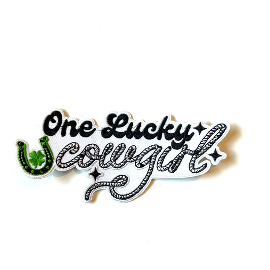 One Lucky Cowgirl Black Iron-on Patch