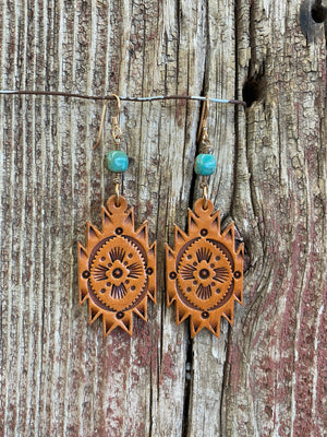 17161 Stamped Leather Aztec w/Turquoise Earrings 17161 Stamped Leather Aztec w/Turquoise Earrings