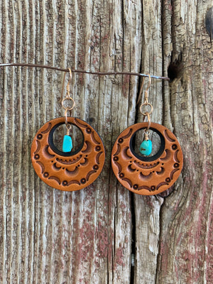 16759 Stamped Leather Circle w/Turquoise Earrings 16759 Stamped Leather Circle w/Turquoise Earrings