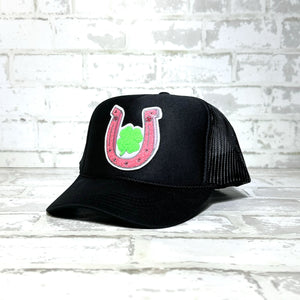 Lucky Horseshoe Pink Chenille Patch Foam Trucker Hat Lucky Horseshoe Pink Chenille Patch Foam Trucker Hat