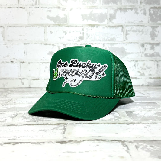 One Lucky Cowgirl Kelly Green Patch Trucker Hat