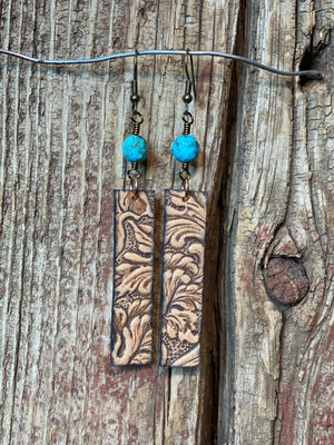 17520 Embossed Leather Rectangle w/Turquoise Earrings 17520 Embossed Leather Rectangle w/Turquoise Earrings