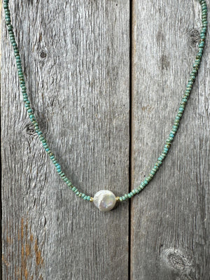 17677 Turquoise Seed Beads w/Coin Pearl Center Necklace 17677 Turquoise Seed Beads w/Coin Pearl Center Necklace