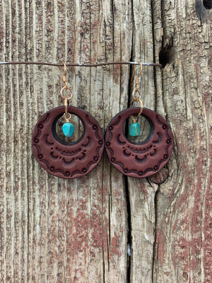 16759 Stamped Leather Circle w/Turquoise Earrings