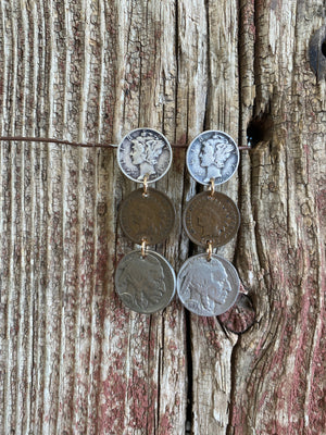 17156 Mercury Dime Stud w/Indian Head Penny & Buffalo Nickel Earrings
